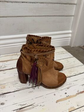 A.S.98 Tan Suede Open-Toe Heeled Ankle Boots with Purple Tassel